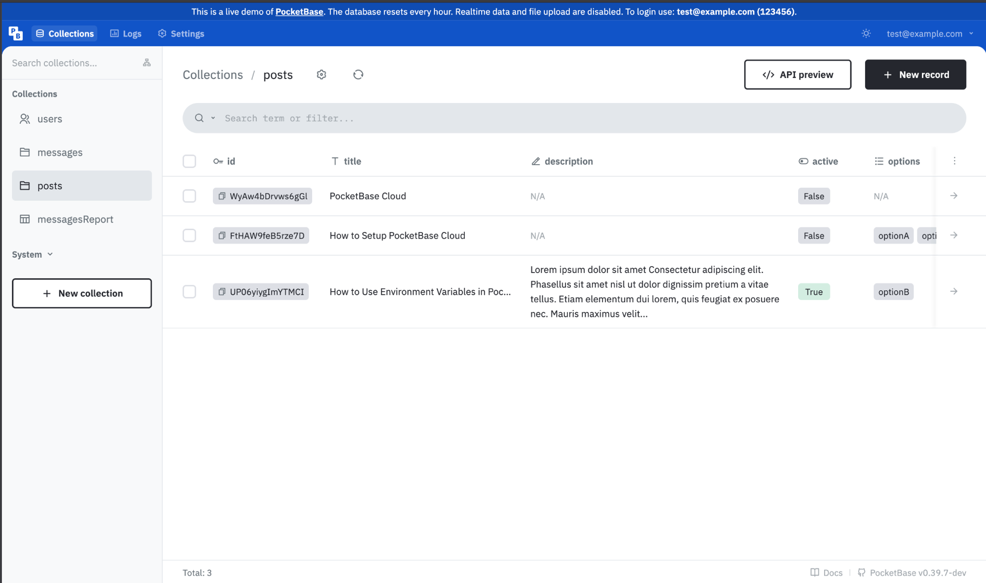 PocketBase Cloud admin dashboard showing the posts collection